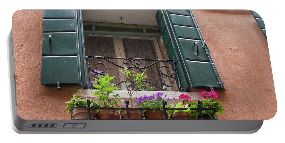 Window Portable Battery Charger featuring the photograph Window and flowers - Venice by Yvonne M Smith