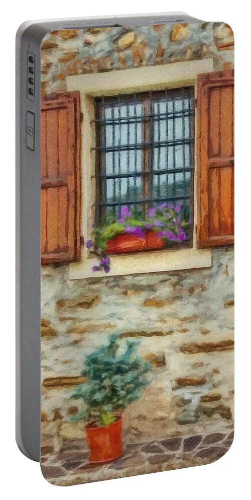 Shutter Portable Battery Charger featuring the painting Window in a Stone Wall by Jeffrey Kolker