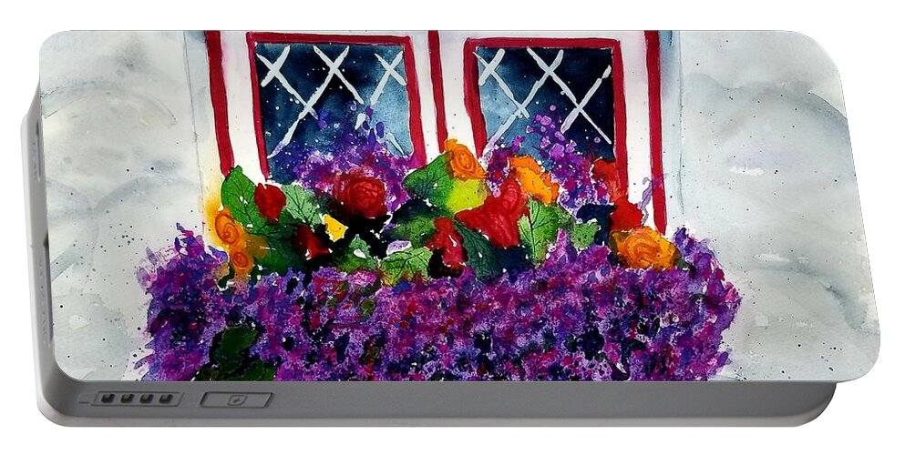 Flowers Portable Battery Charger featuring the painting Window Treatment by Ann Frederick