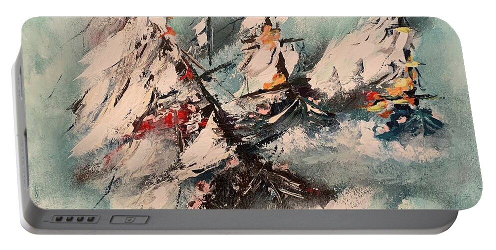 Windy Race Ship Boat Acrylic On Canvas Painting Wind Ocean Wave Miroslaw Chelchowski Print Clouds Water Seascape Sail Cloth Sailing Blue Color Portable Battery Charger featuring the painting Windy race by Miroslaw Chelchowski