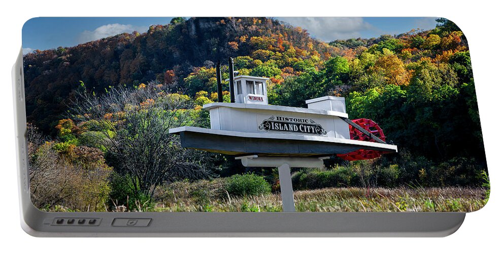 Steamboat Portable Battery Charger featuring the photograph Winona steamboat sign by Al Mueller