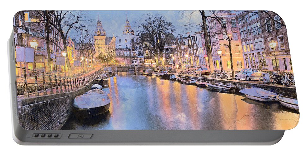 Amsterdam Portable Battery Charger featuring the mixed media Winter Amsterdam by Alex Mir