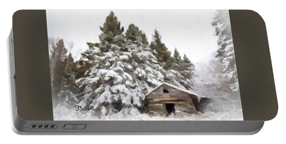 Winter Portable Battery Charger featuring the painting Winter Cabin by Stephen Mitchell