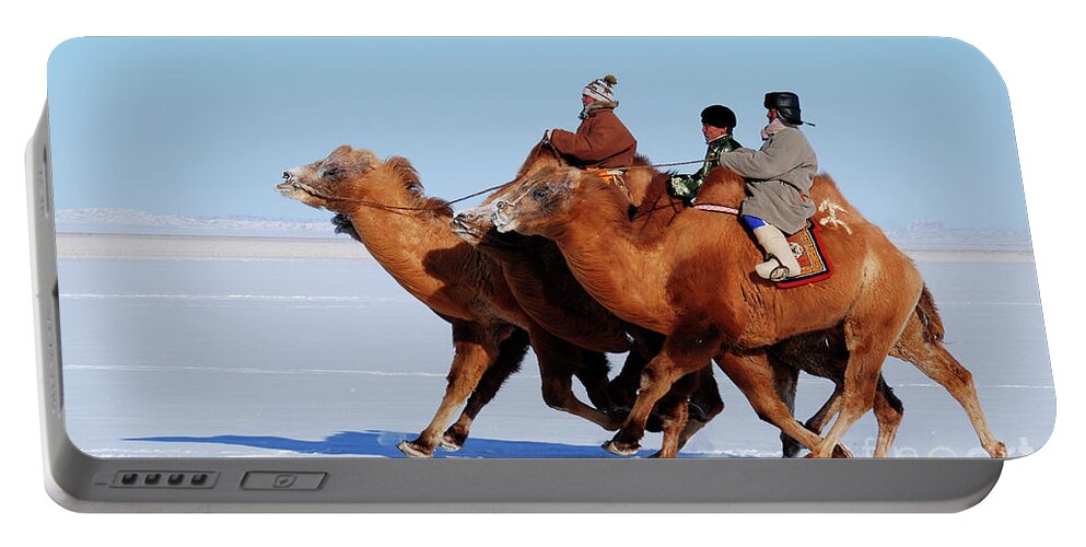Winter Camel Racing Portable Battery Charger featuring the photograph Winter Camel racing by Elbegzaya Lkhagvasuren