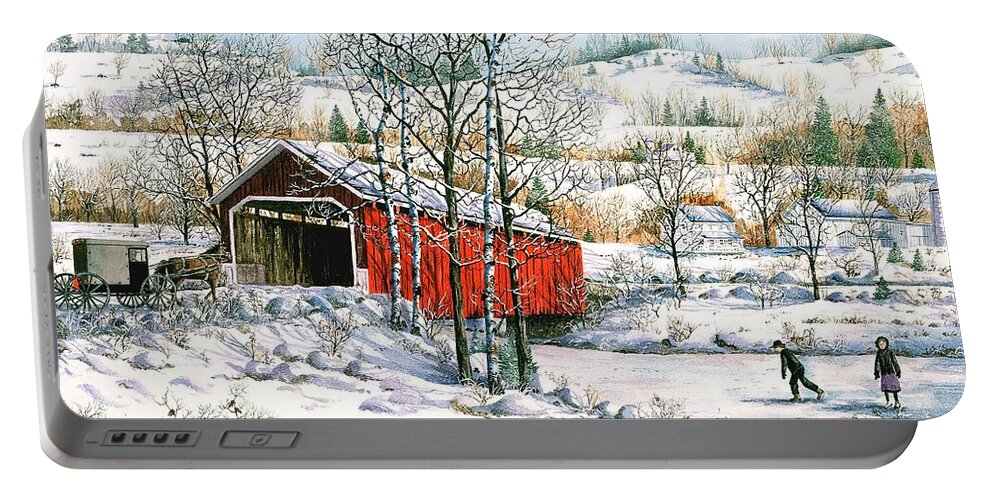 Covered Bridge Portable Battery Charger featuring the painting Winter Crossing by Diane Phalen