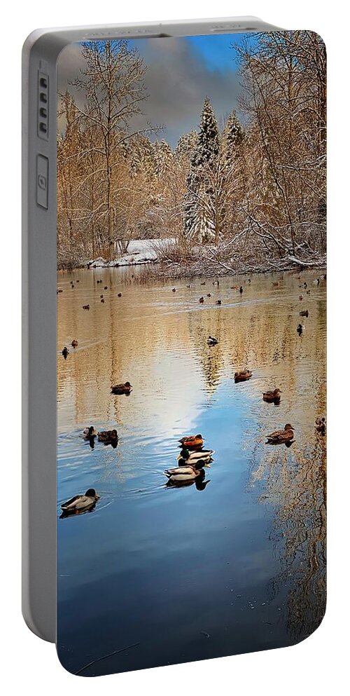 Winter Portable Battery Charger featuring the photograph Winter Duck Pond by Jerry Abbott