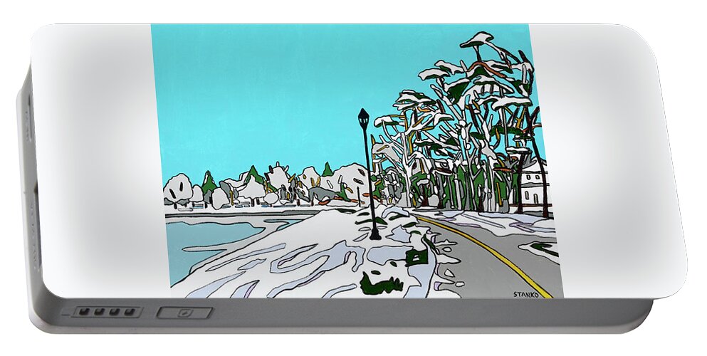 Snow Valleystream Newyork Lake Ice Portable Battery Charger featuring the painting Winter in Hendrickson Park by Mike Stanko