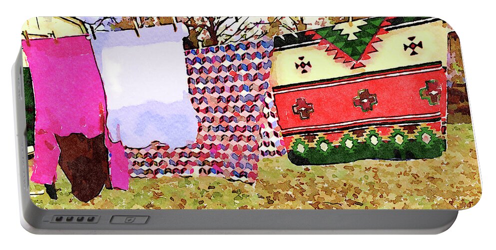 Laundry Day Portable Battery Charger featuring the digital art Winter Laundry Day Watercolor Painting by Shelli Fitzpatrick