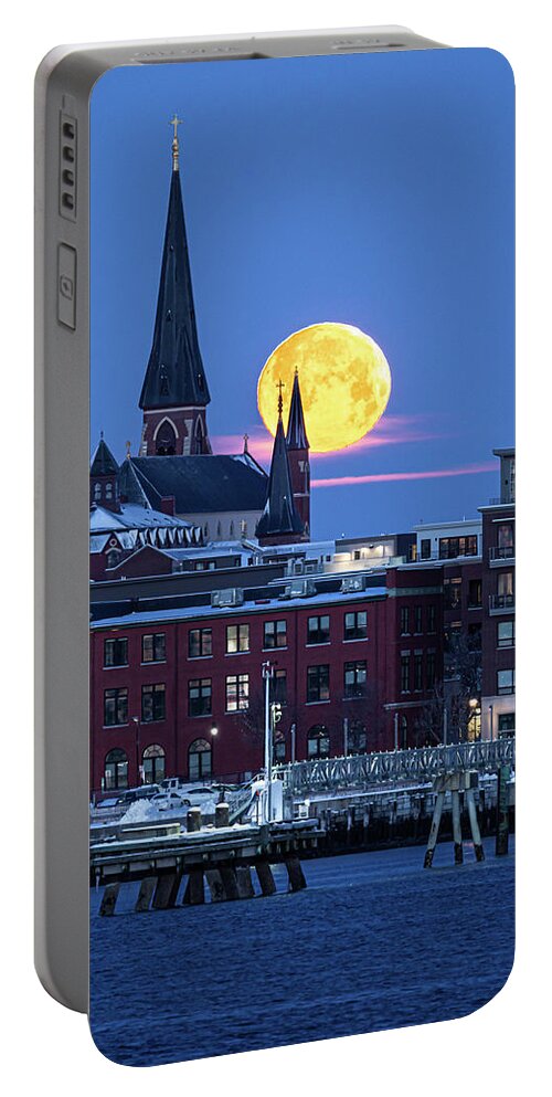 Maine Portable Battery Charger featuring the photograph Winter Moon Set over Portland by Colin Chase