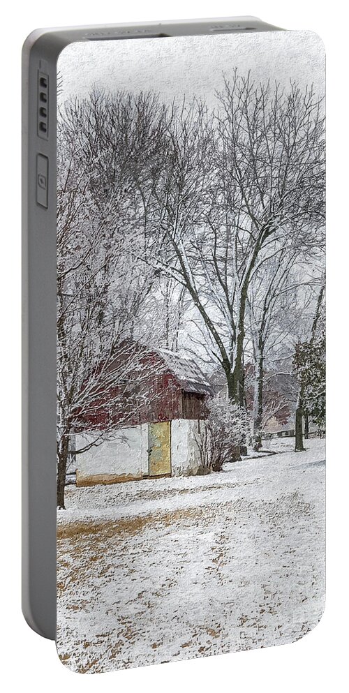 Springfield Mo Portable Battery Charger featuring the mixed media Winter Red Barn Painterly by Jennifer White