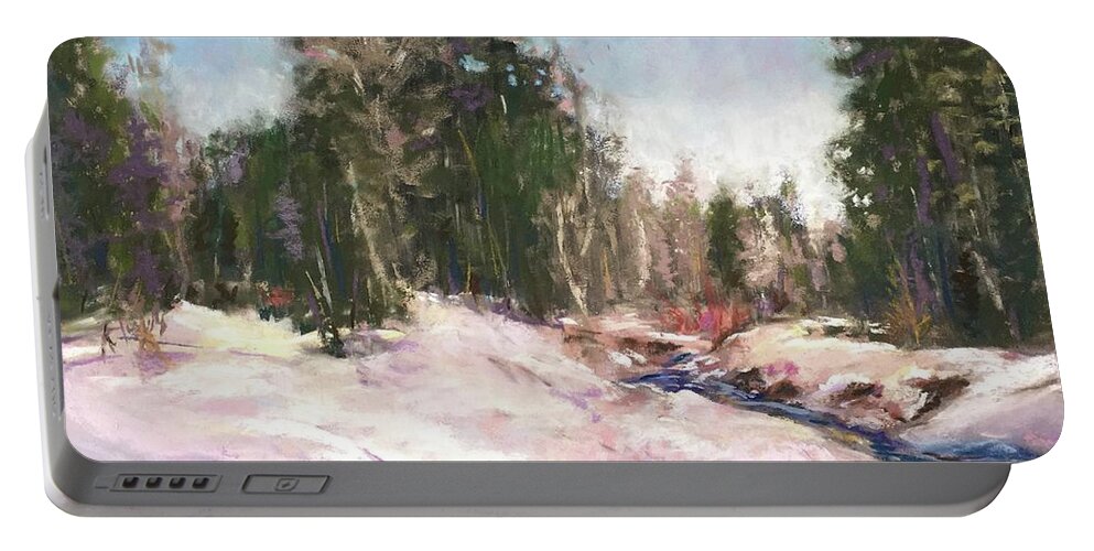 Snowy Scene Portable Battery Charger featuring the pastel Winter Reverie by Sandra Lee Scott