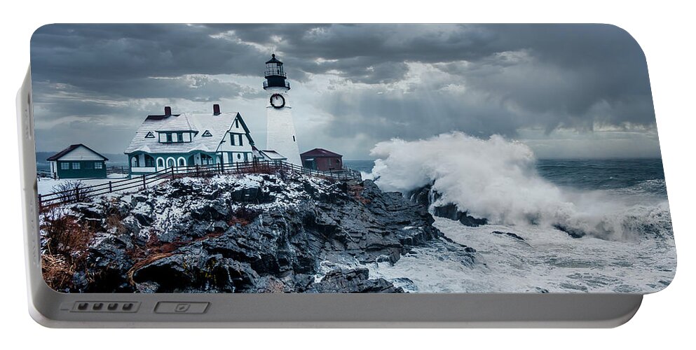Lighthouse Portable Battery Charger featuring the photograph Winter Storm, Portland Headlight by Gary Shepard