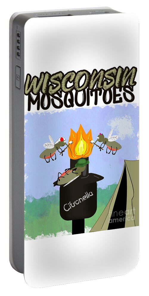 Wisconsin Portable Battery Charger featuring the photograph Wisconsin Mosquitoes Cartoon Camping by Tiki Torch by Colleen Cornelius