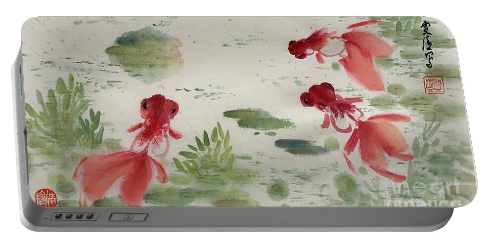 Golden Fish Portable Battery Charger featuring the painting Wishful - 2 by Carmen Lam