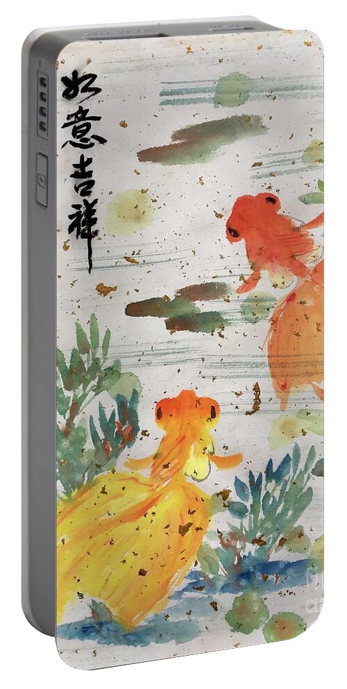 Gold Portable Battery Charger featuring the painting Wishful and Good Luck by Carmen Lam