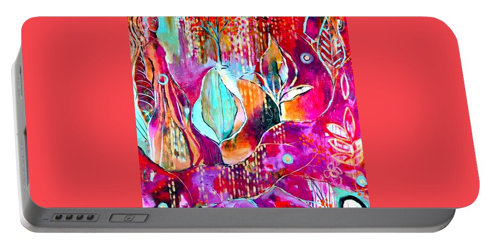 Pink Red Blue Bees Abstract Contemporary Flowers Plants Color Landscape Woman Female Artist Woman Bright Portable Battery Charger featuring the painting Witchy Woman Pink and TEAL Power to rifle by Kasey Jones