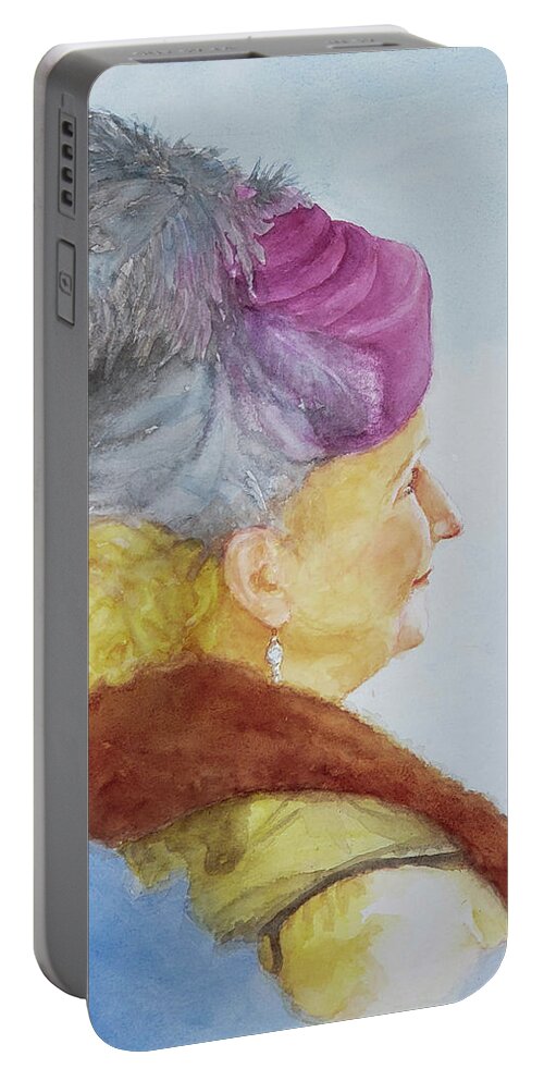 2020 Portable Battery Charger featuring the painting Woman in the Feathered Magenta Hat by George Harth