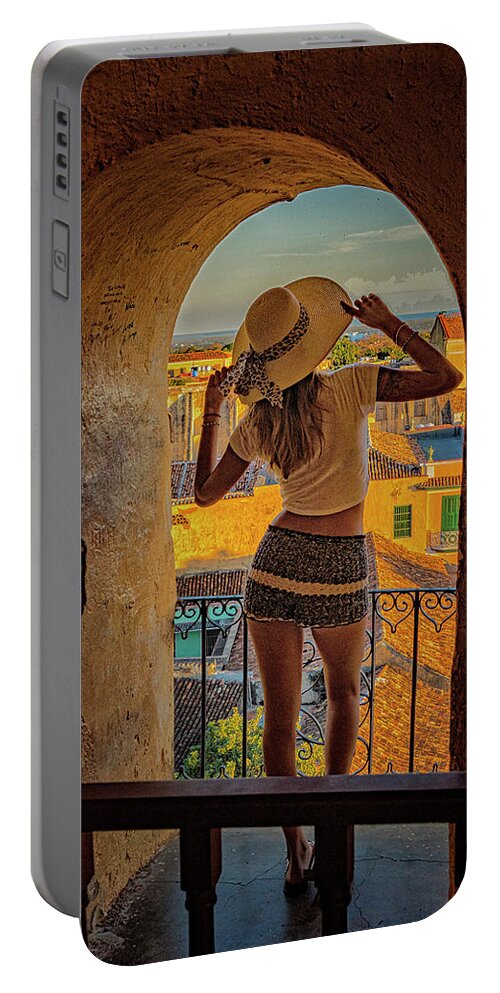Havana Cuba Portable Battery Charger featuring the photograph Woman In Tower Window by Tom Singleton