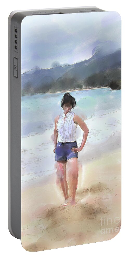 Beach Portable Battery Charger featuring the digital art Woman on the Beach Watercolor by Tanya Owens
