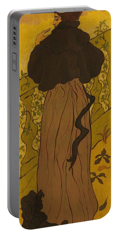  Portable Battery Charger featuring the drawing Woman Standing Beside a Balustrade with a Poodle ca by Paul Ranson French