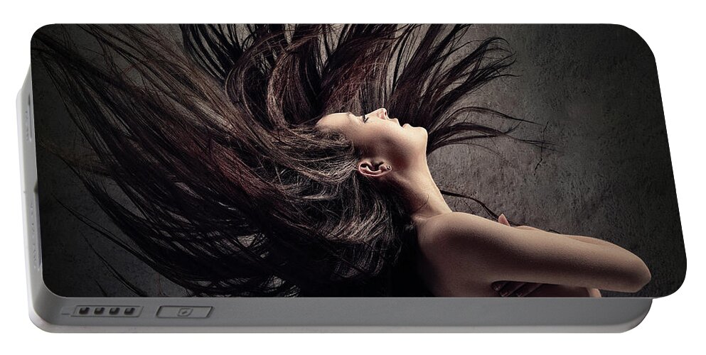 Hair Portable Battery Charger featuring the photograph Woman waving long dark hair by Johan Swanepoel