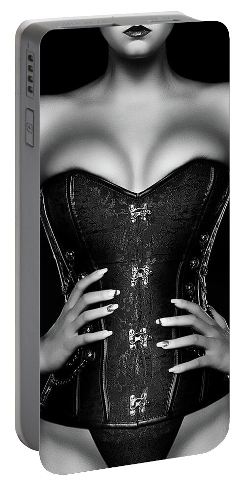 Woman Portable Battery Charger featuring the photograph Woman wearing black corset by Johan Swanepoel