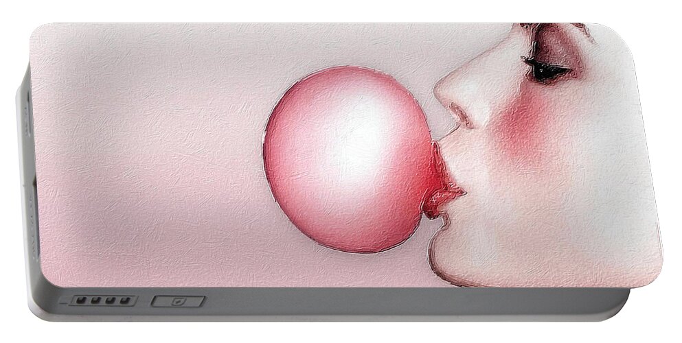 Bubble Gum Portable Battery Charger featuring the painting Women Classic Icon Retro with Bubble Gum by Tony Rubino