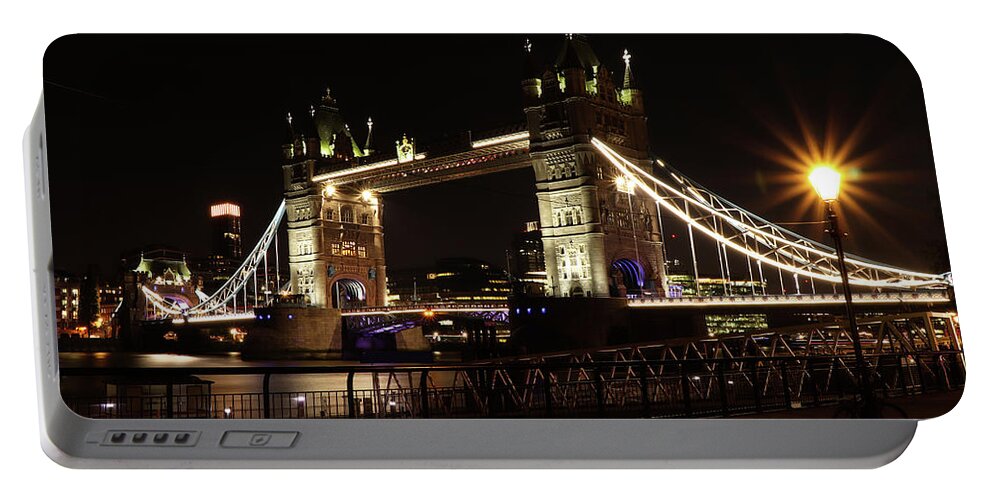 Sky Portable Battery Charger featuring the photograph Tower Bridge with LED lighting by Vaclav Sonnek
