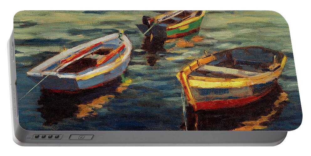 Galicia Portable Battery Charger featuring the painting Wooden Boats at Mugardos Oil on Canvas Painting Galicia by Pablo Avanzini