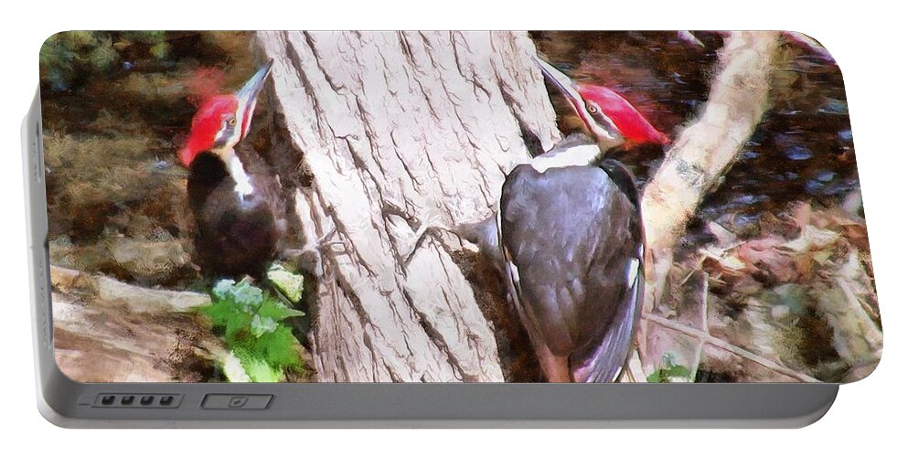 Woodpeckers Portable Battery Charger featuring the mixed media Woodpeckers by the Stream by Christopher Reed