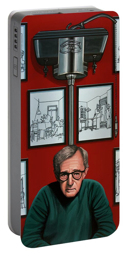 Woody Allen Portable Battery Charger featuring the painting Woody Allen in front of Yrrah Painting by Paul Meijering