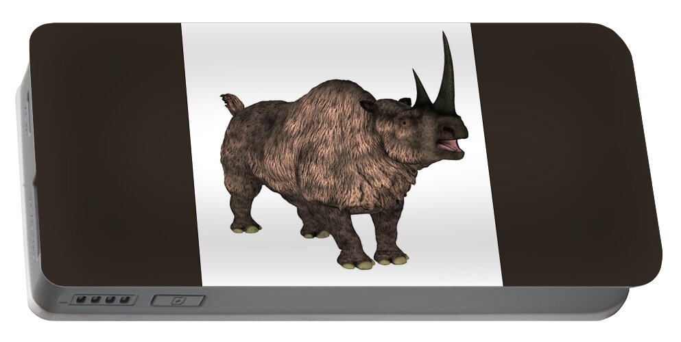 Woolly Rhino Portable Battery Charger featuring the digital art Woolly Rhino over White by Corey Ford