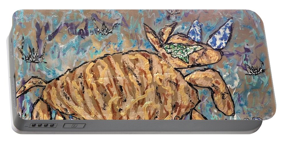 Wooly Portable Battery Charger featuring the mixed media Wooly Rhino Leaping Through the Grass by Kevin OBrien