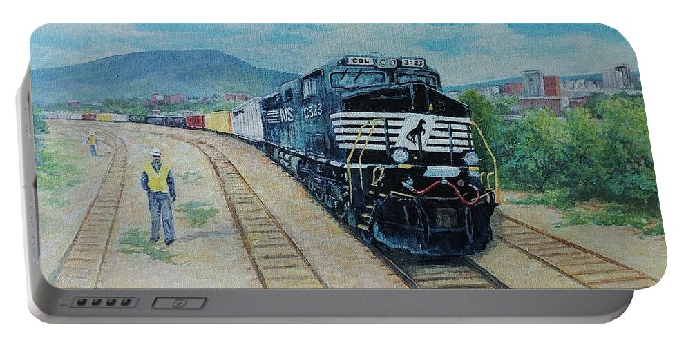 Trains Portable Battery Charger featuring the painting Working Heartily by ML McCormick