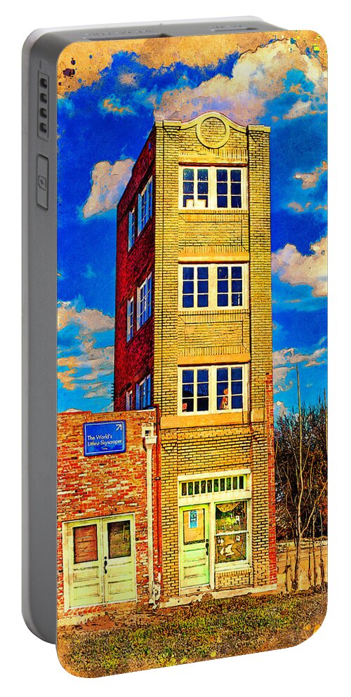 World's Littlest Skyscraper Portable Battery Charger featuring the digital art World's littlest skyscraper, The Newby-McMahon Building, in Wichita Falls - digital painting by Nicko Prints
