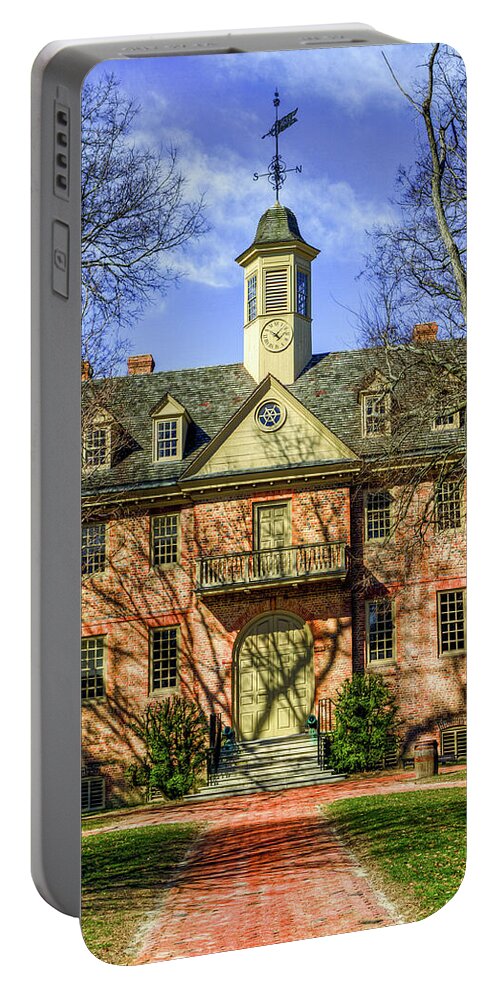 William And Mary Portable Battery Charger featuring the photograph Wren Building Main Entrance by Jerry Gammon