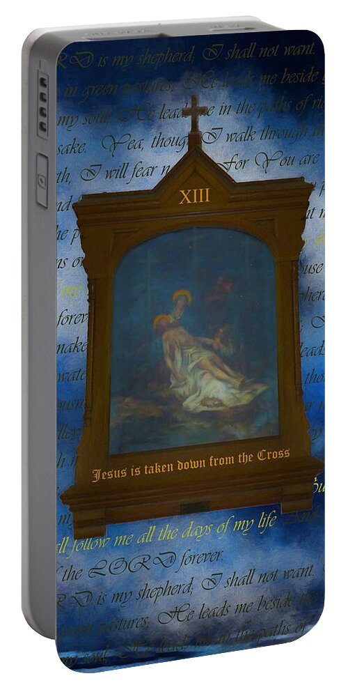 Easter Portable Battery Charger featuring the digital art XIII Jesus Is Taken Down From The Cross by Joan Stratton