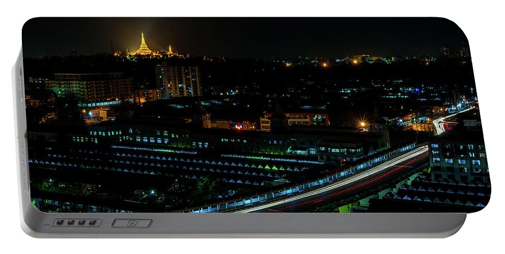 Shwedagon Portable Battery Charger featuring the photograph Yangon Cityscape at Night by Arj Munoz