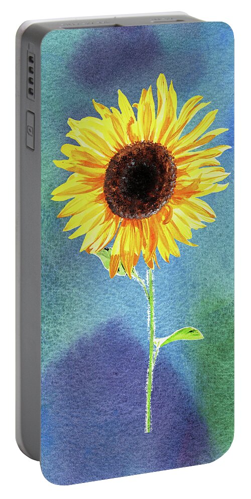 Sunflower Portable Battery Charger featuring the painting Yellow Flower Happy Sunflower On Blue Emerald Watercolor III by Irina Sztukowski