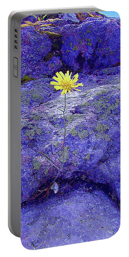 Yellow Flower Portable Battery Charger featuring the mixed media Yellow Flower in the Blue Rocks by Alex Mir