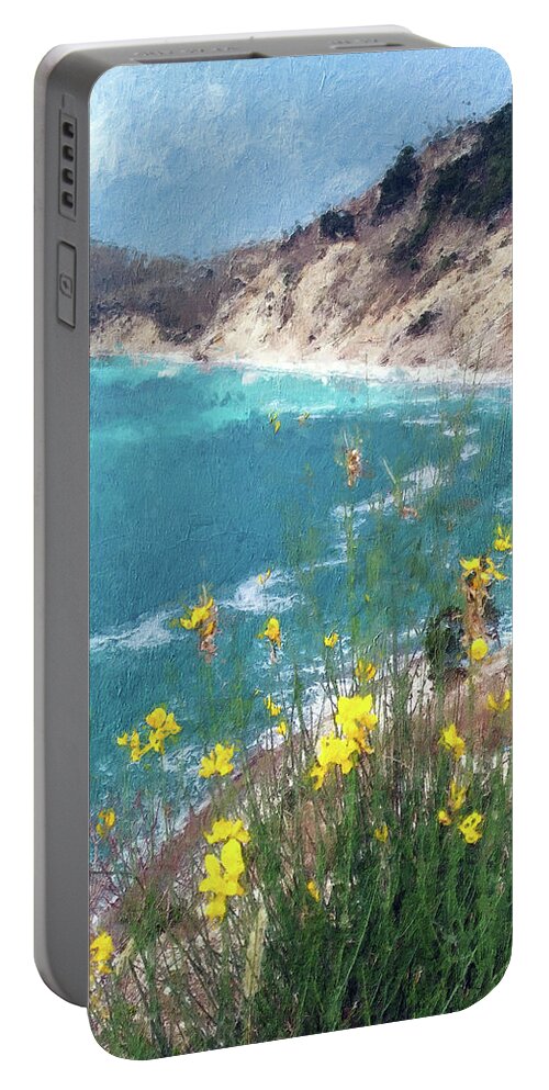 Sea Flowers Portable Battery Charger featuring the painting Yellow Flowers over the Sea Bay by Alex Mir