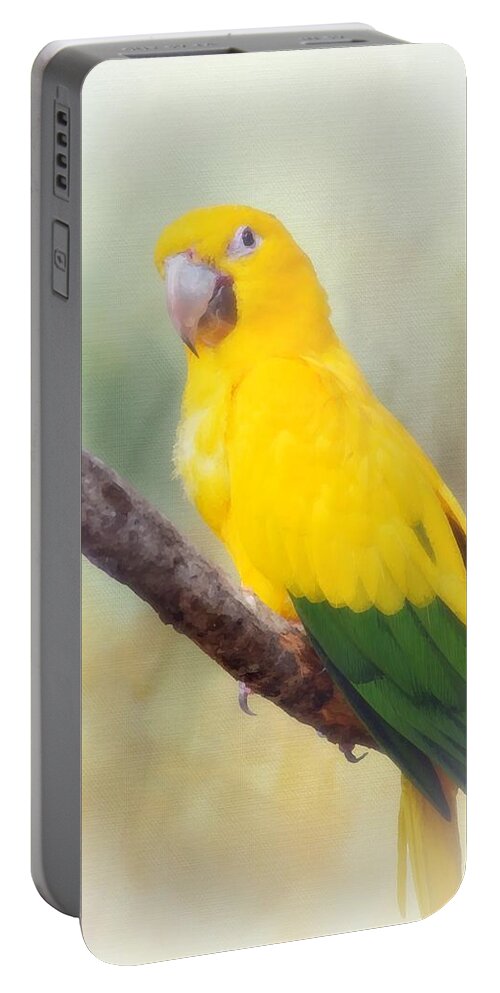 Bird Portable Battery Charger featuring the mixed media Yellow Green Parrot Bird 83 by Lucie Dumas