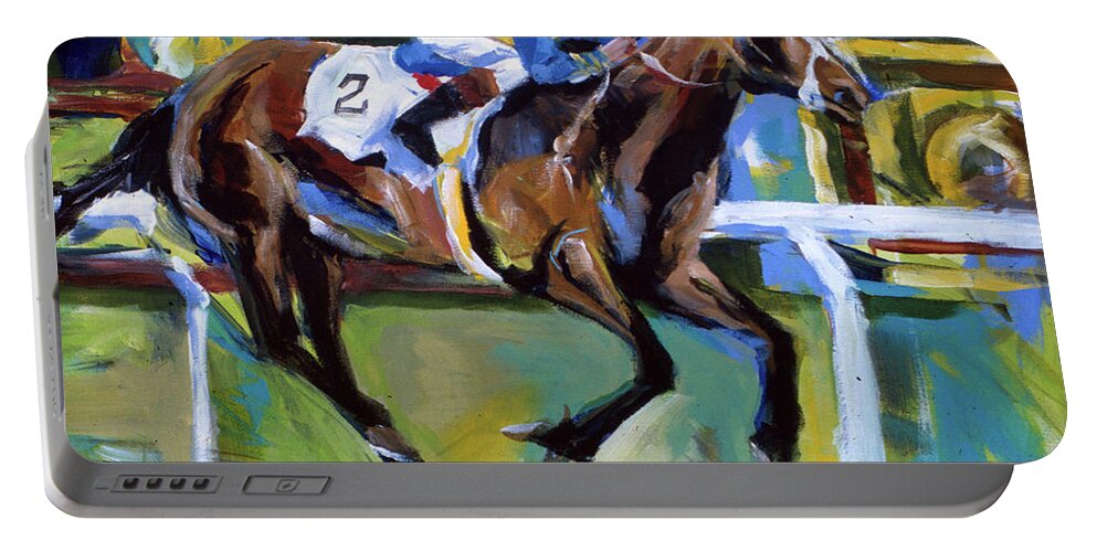 Kentucky Horse Racing Portable Battery Charger featuring the painting Yellow Horse Rider by John Gholson