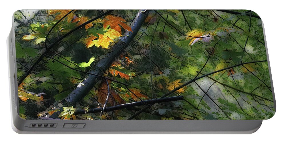 Nature Portable Battery Charger featuring the digital art Yellow Leaves with Blur by Deb Nakano