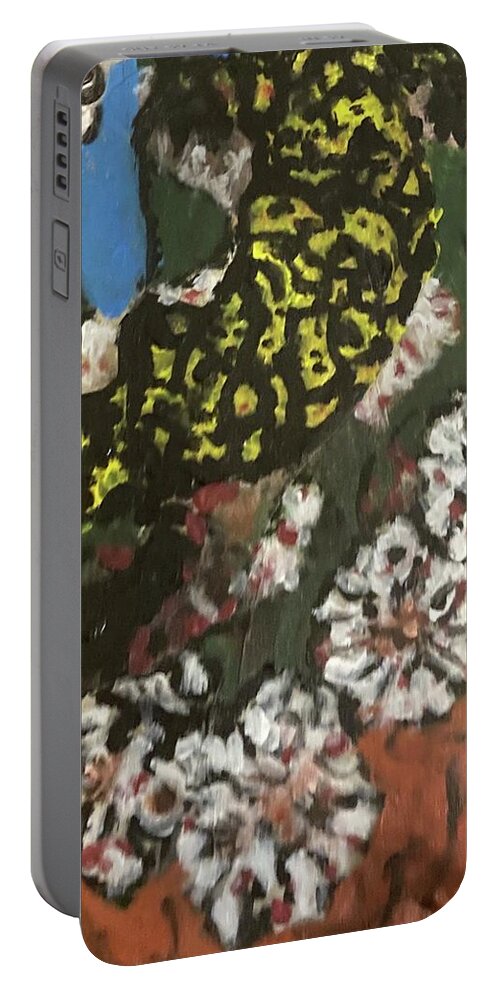 Paintings Of Lizards Portable Battery Charger featuring the mixed media Yellow lizard Cactus Flowers by Bencasso Barnesquiat