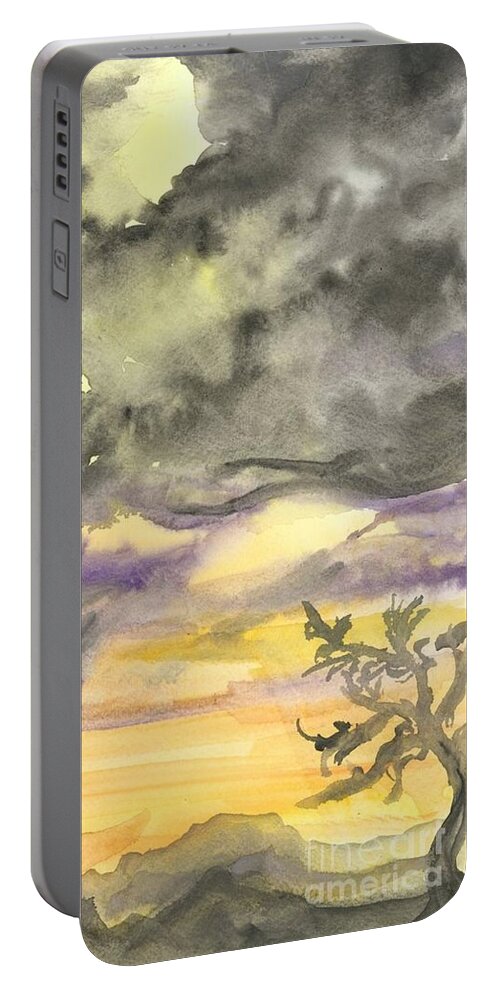 Yellow Watercolor Desert Sunset Painting Portable Battery Charger featuring the painting Yellow Mountain Sunset in Watercolor by Expressions By Stephanie