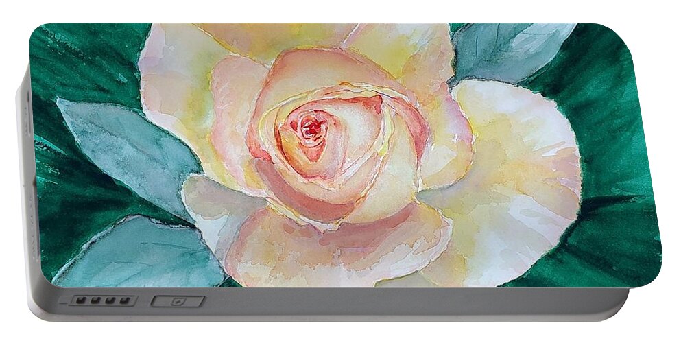 Yellow Portable Battery Charger featuring the painting Yellow-Pink Rose - Watercolor by Claudette Carlton
