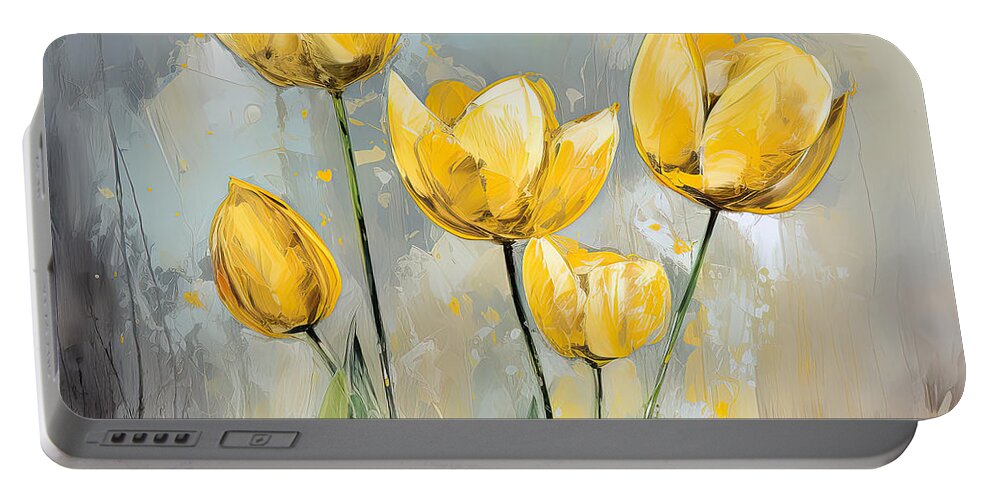 Yellow And Gray Portable Battery Charger featuring the digital art Yellow Poppies Galore - Yellow and Gray Floral Art by Lourry Legarde