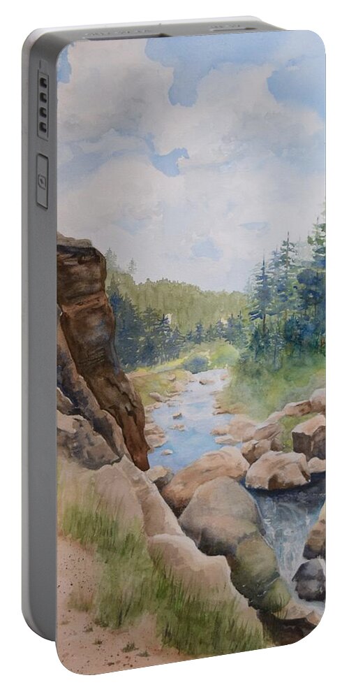 Yellowstone Portable Battery Charger featuring the painting Yellowstone Surprise by Celene Terry