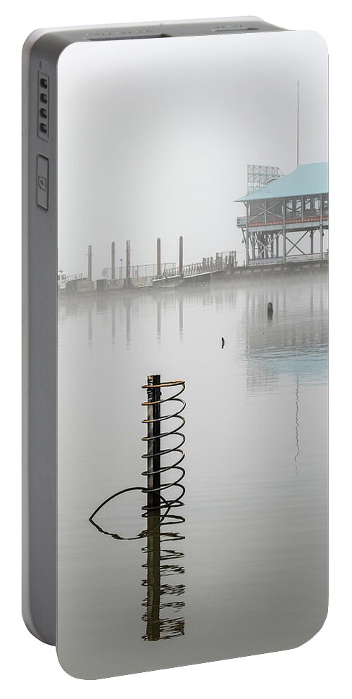 Hudson River Portable Battery Charger featuring the photograph Yonkers Pier in Thick Fog by Kevin Suttlehan